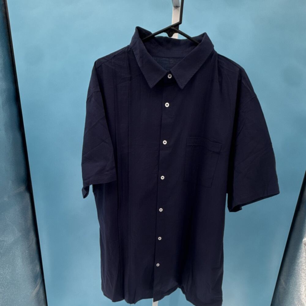 Men's Navy Blue Cotton Linen Button-Up Shirt Short Sleeve Collared Size XXXL